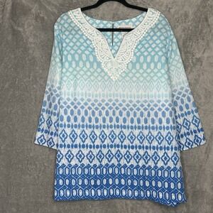 Alfred Dunner 1X Shirt Top Blue Geometric 3/4 Sleeve Split Scoop Neck Knit
